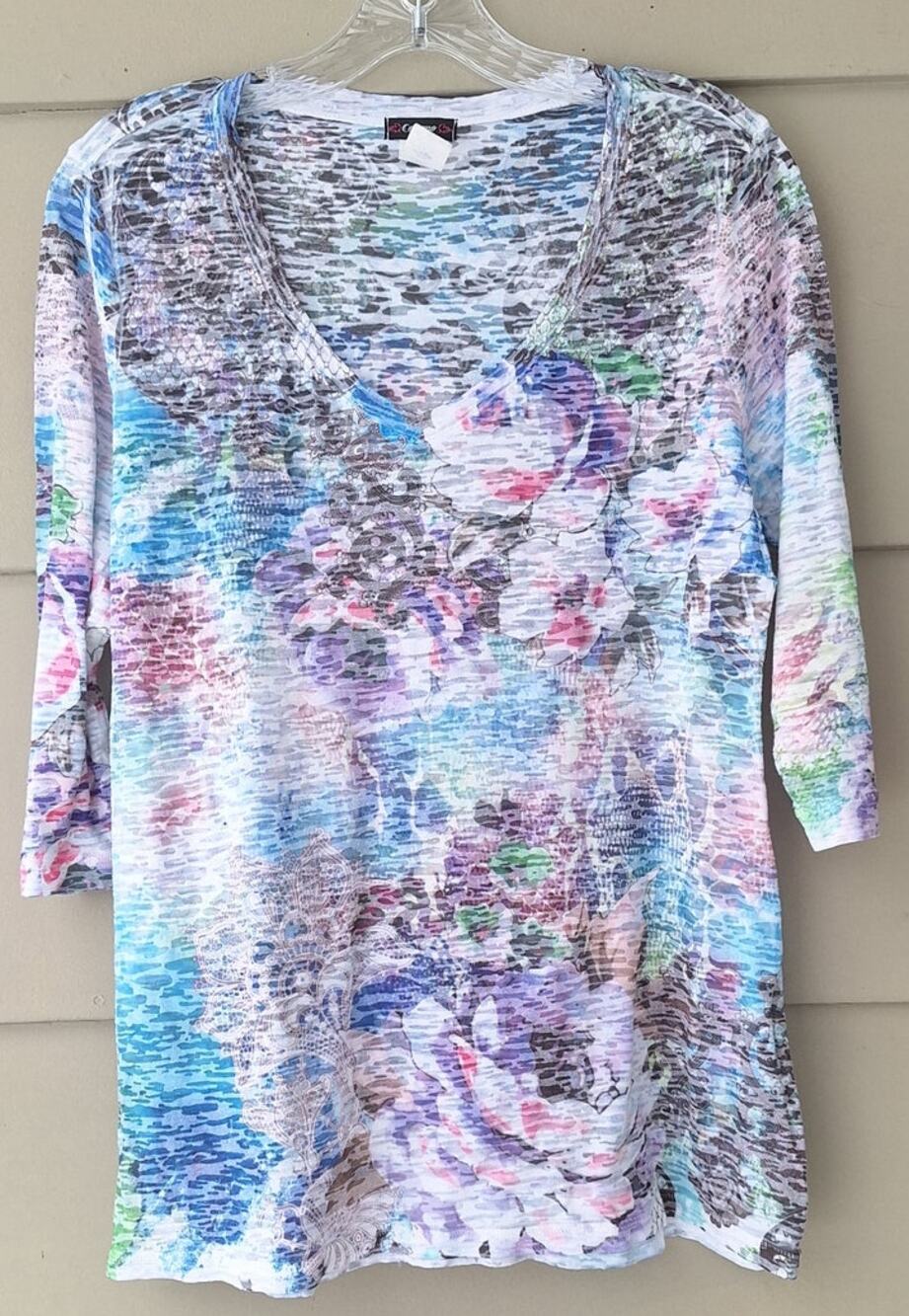 Y2K Cocomo Burnout Thin Burnt Cotton blend Floral 3/4 sleeves Top T shirt size L